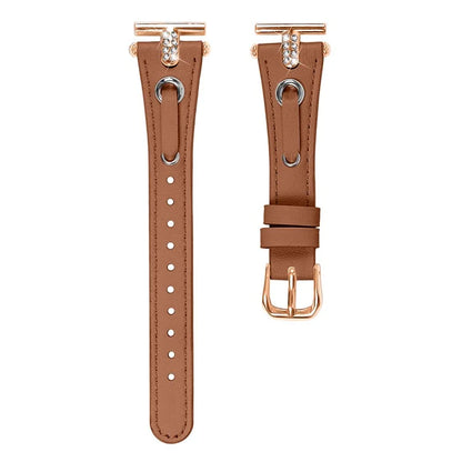 For GarminMove 3  /  Vivomove 3 Watchband Genuine Cow Leather T-belt with Rhinestone Decor (Rose Gold Connector)