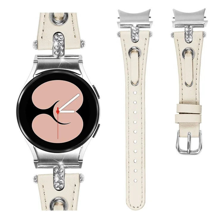 For Samsung Galaxy Watch6 40mm  /  44mm  /  6 Classic 43mm  /  47mm Genuine Cow Leather Watch Band (Silver Connector)