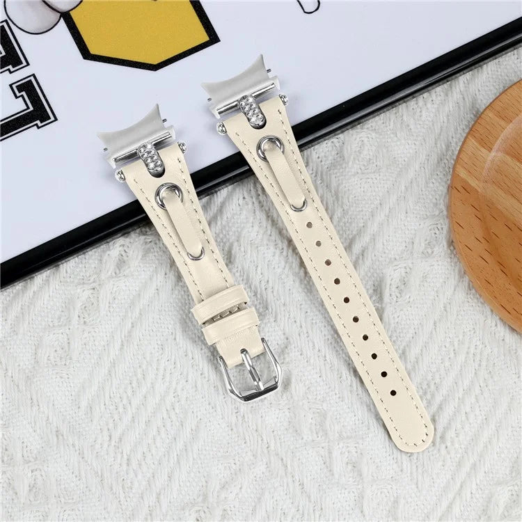 For Samsung Galaxy Watch6 40mm  /  44mm  /  6 Classic 43mm  /  47mm Genuine Cow Leather Watch Band (Silver Connector)