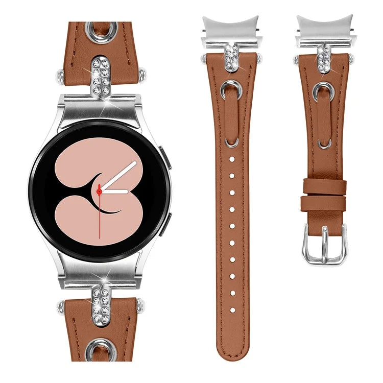 For Samsung Galaxy Watch6 40mm  /  44mm  /  6 Classic 43mm  /  47mm Genuine Cow Leather Watch Band (Silver Connector)