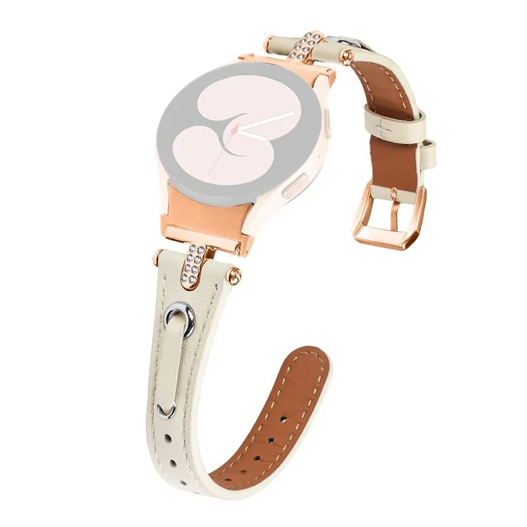 For Samsung Galaxy Watch6 40mm  /  44mm  /  6 Classic 43mm  /  47mm Watchband Genuine Cow Leather Strap (Rose Gold Connector)