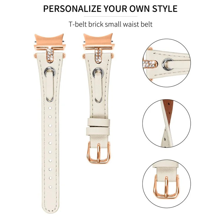 For Samsung Galaxy Watch6 40mm  /  44mm  /  6 Classic 43mm  /  47mm Watchband Genuine Cow Leather Strap (Rose Gold Connector)