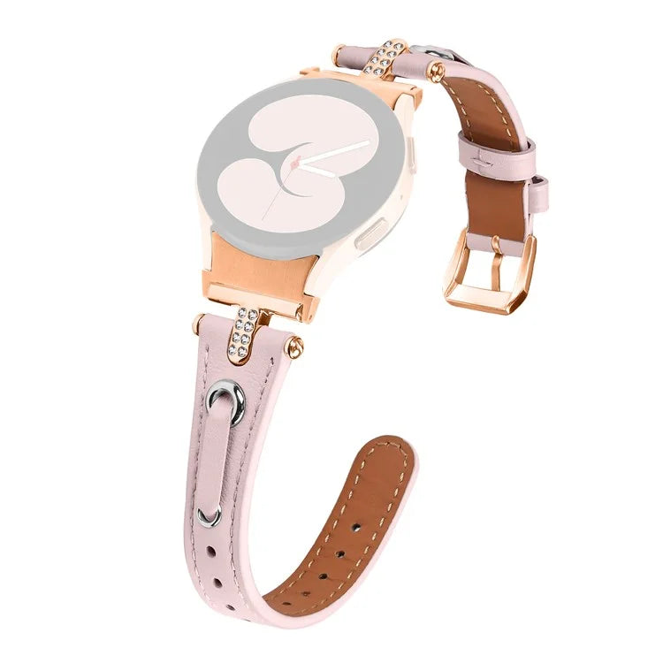 For Samsung Galaxy Watch6 40mm  /  44mm  /  6 Classic 43mm  /  47mm Watchband Genuine Cow Leather Strap (Rose Gold Connector)