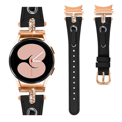 For Samsung Galaxy Watch6 40mm  /  44mm  /  6 Classic 43mm  /  47mm Watchband Genuine Cow Leather Strap (Rose Gold Connector)