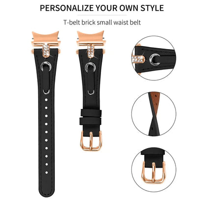 For Samsung Galaxy Watch6 40mm  /  44mm  /  6 Classic 43mm  /  47mm Watchband Genuine Cow Leather Strap (Rose Gold Connector)