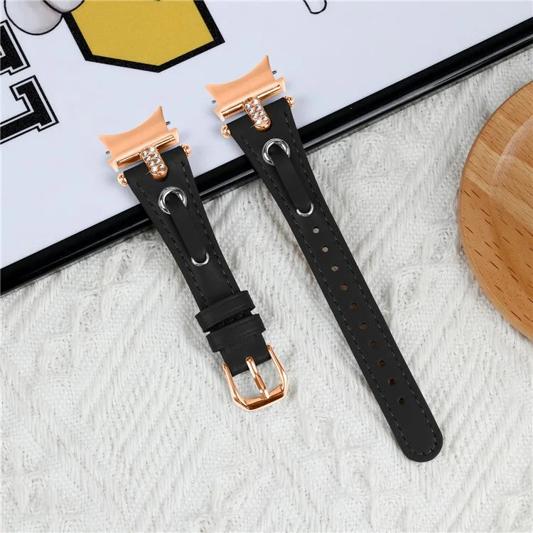 For Samsung Galaxy Watch6 40mm  /  44mm  /  6 Classic 43mm  /  47mm Watchband Genuine Cow Leather Strap (Rose Gold Connector)