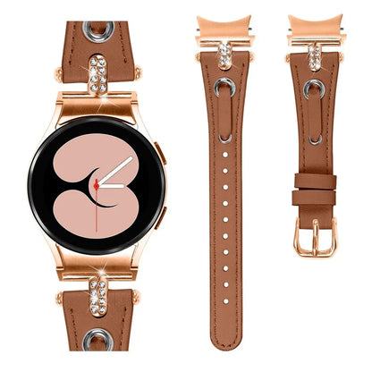 For Samsung Galaxy Watch6 40mm  /  44mm  /  6 Classic 43mm  /  47mm Watchband Genuine Cow Leather Strap (Rose Gold Connector)