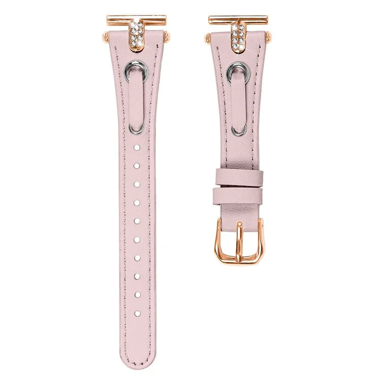 For Garmin Forerunner 245  /  245 Music Genuine Cow Leather Watchband with Rhinestone Decor (Rose Gold Connector)