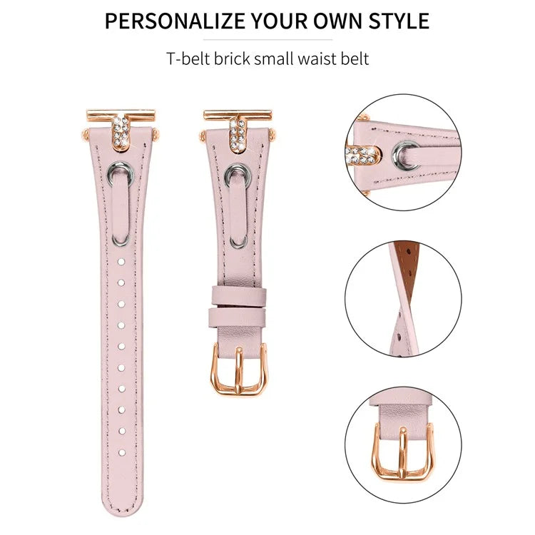 For Garmin Forerunner 245  /  245 Music Genuine Cow Leather Watchband with Rhinestone Decor (Rose Gold Connector)
