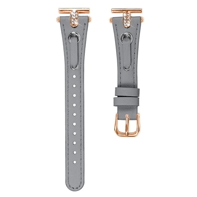 For Garmin Forerunner 245  /  245 Music Genuine Cow Leather Watchband with Rhinestone Decor (Rose Gold Connector)