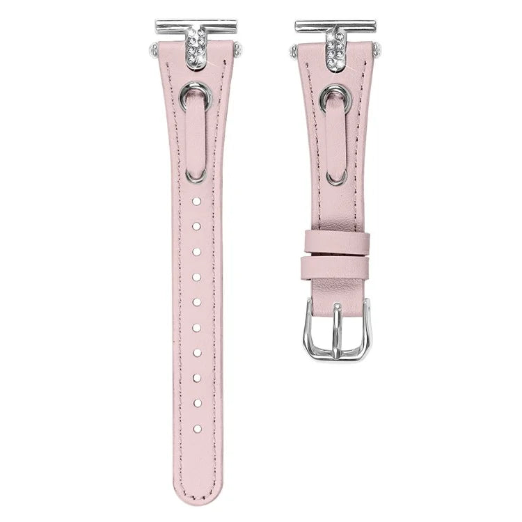 For Garmin Forerunner 245  /  245 Music Genuine Cow Leather Watchband Rhinestone Decor Strap (Silver Connector)