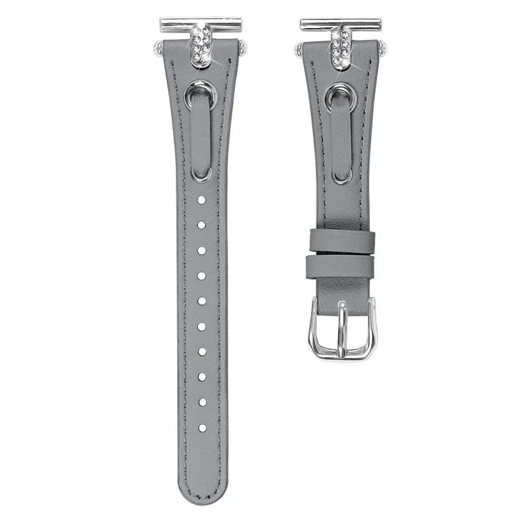 For Garmin Forerunner 245  /  245 Music Genuine Cow Leather Watchband Rhinestone Decor Strap (Silver Connector)