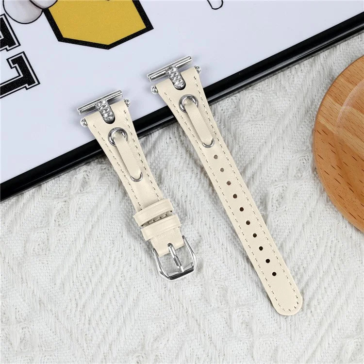 For Garmin Forerunner 245  /  245 Music Genuine Cow Leather Watchband Rhinestone Decor Strap (Silver Connector)