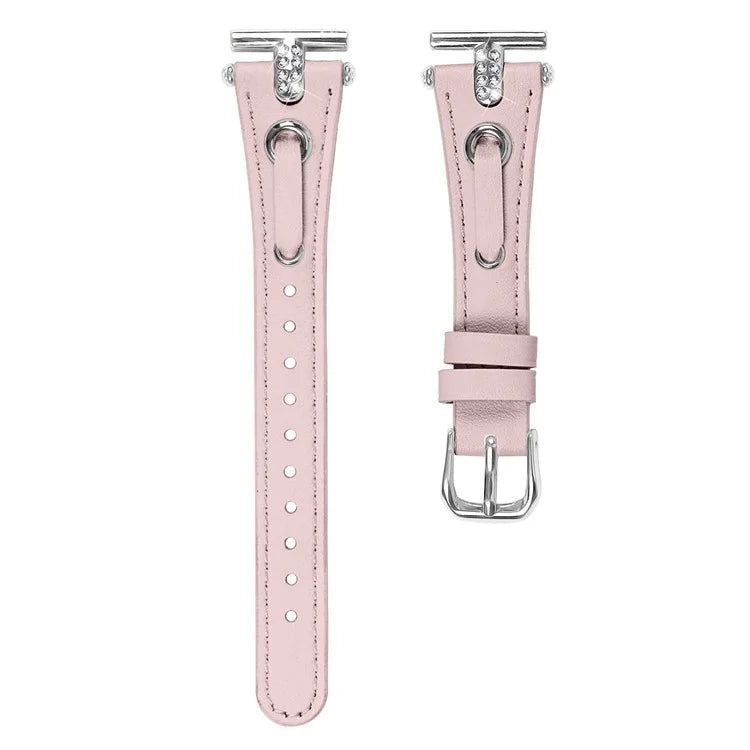 For TicWatch E  /  2  /  C2 (Black  /  Silver Dial) Watchband Genuine Cow Leather Strap with Rhinestone Decor (Silver Connector)