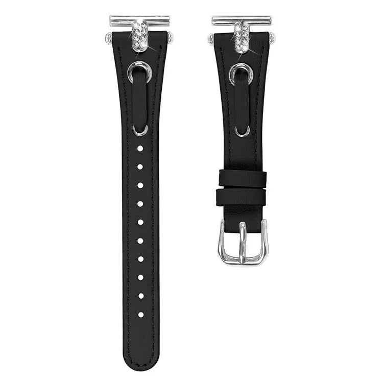 For TicWatch E  /  2  /  C2 (Black  /  Silver Dial) Watchband Genuine Cow Leather Strap with Rhinestone Decor (Silver Connector)