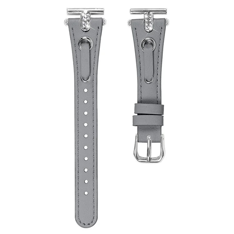 For TicWatch E  /  2  /  C2 (Black  /  Silver Dial) Watchband Genuine Cow Leather Strap with Rhinestone Decor (Silver Connector)