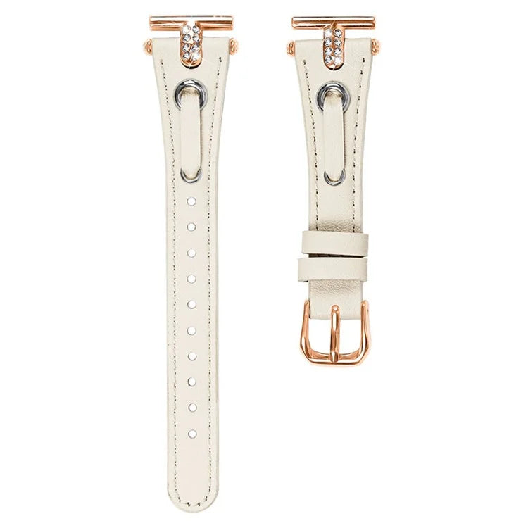 For Pebble Time Round / Pebble 2 Genuine Cow Leather Watch Band Rhinestone Decor Rose Gold Buckle Watch Strap
