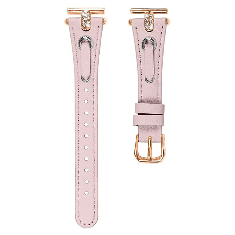 For Pebble Time Round / Pebble 2 Genuine Cow Leather Watch Band Rhinestone Decor Rose Gold Buckle Watch Strap