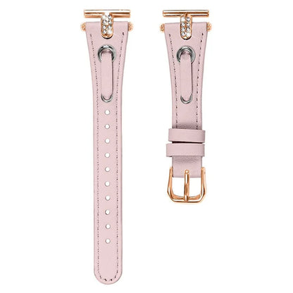 For Pebble Time Round / Pebble 2 Genuine Cow Leather Watch Band Rhinestone Decor Rose Gold Buckle Watch Strap