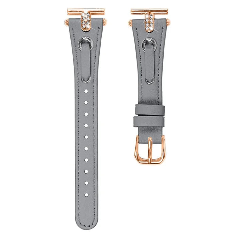 For Pebble Time Round / Pebble 2 Genuine Cow Leather Watch Band Rhinestone Decor Rose Gold Buckle Watch Strap