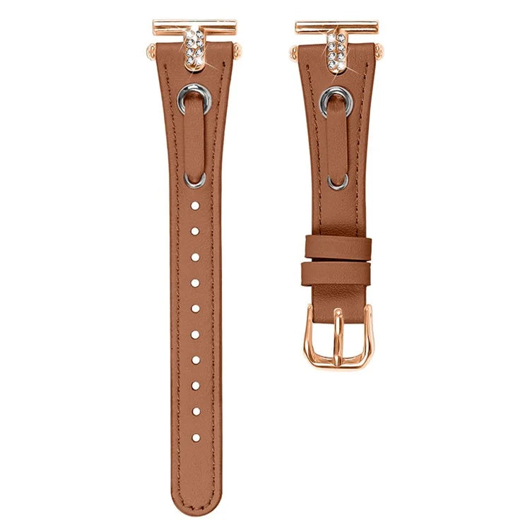 For Pebble Time Round / Pebble 2 Genuine Cow Leather Watch Band Rhinestone Decor Rose Gold Buckle Watch Strap