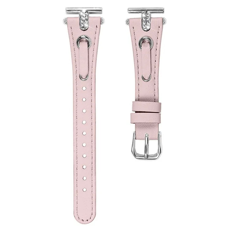 For Pebble Time Round / Pebble 2 Replacement Band Rhinestone Decor Genuine Cow Leather Watch Strap with Silver Buckle