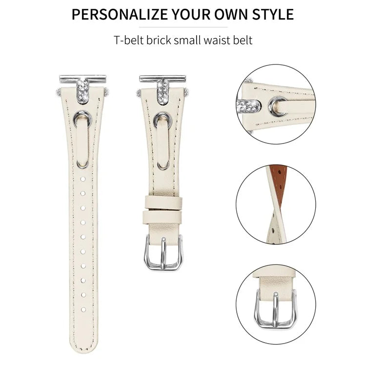 For Pebble Time Round / Pebble 2 Replacement Band Rhinestone Decor Genuine Cow Leather Watch Strap with Silver Buckle