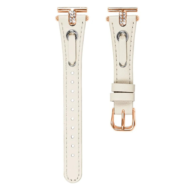 For Garmin Vivomove / Vivomove HR Watch Band Replacement Genuine Cow Leather Rose Gold Buckle Strap with Rhinestone Decor
