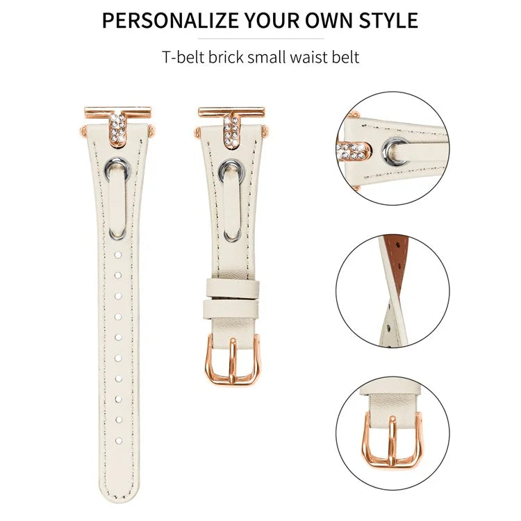 For Garmin Vivomove / Vivomove HR Watch Band Replacement Genuine Cow Leather Rose Gold Buckle Strap with Rhinestone Decor
