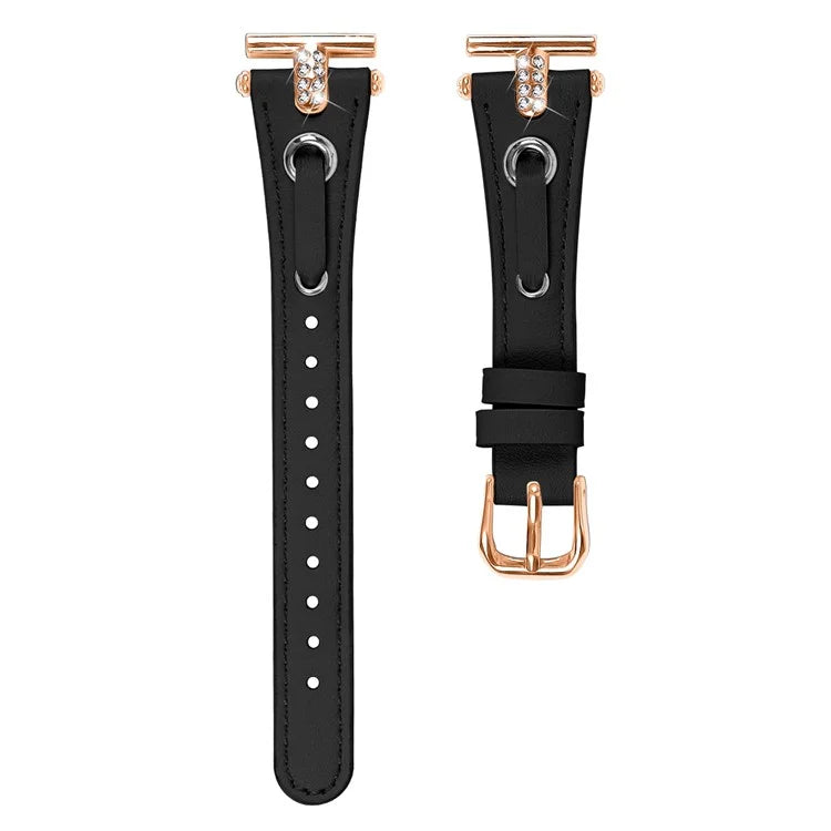 For Garmin Vivomove / Vivomove HR Watch Band Replacement Genuine Cow Leather Rose Gold Buckle Strap with Rhinestone Decor