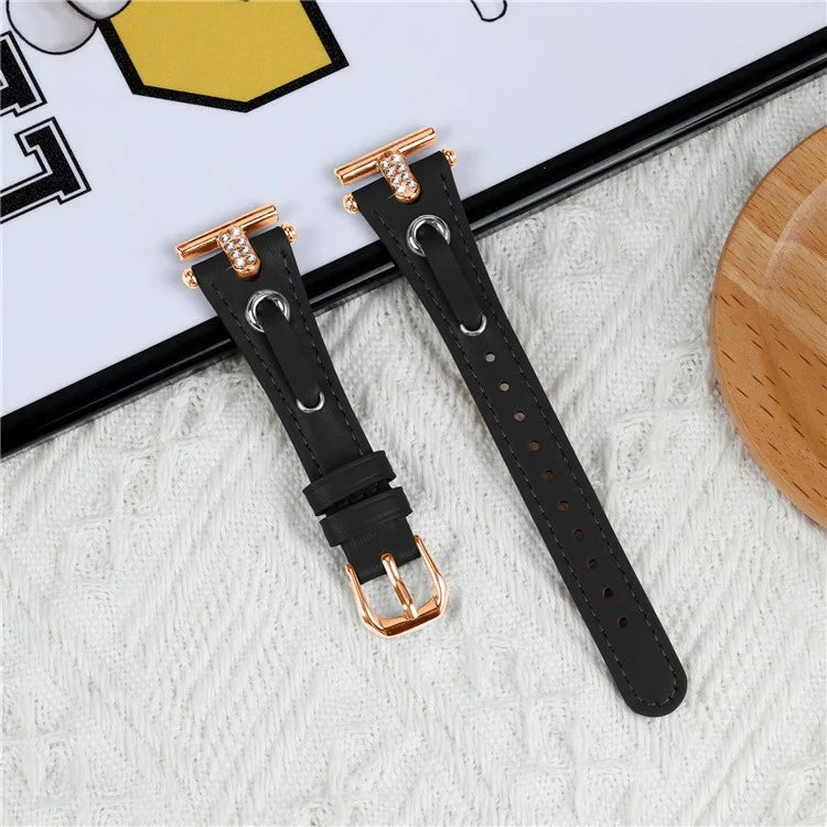 For Misfit Vapor Genuine Cow Leather Watch Band Rhinestone Decor Rose Gold Buckle Watch Strap
