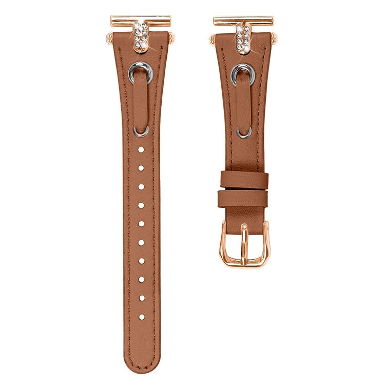For Misfit Vapor Genuine Cow Leather Watch Band Rhinestone Decor Rose Gold Buckle Watch Strap