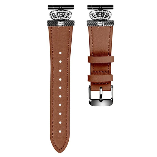 For LG Watch Sport Black Buckle Wrist Band Rhinestone Crown Design Cowhide Watch Strap