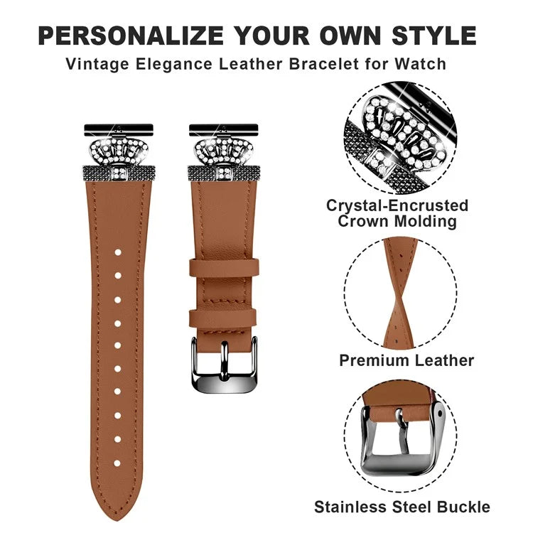 For LG Watch Sport Black Buckle Wrist Band Rhinestone Crown Design Cowhide Watch Strap
