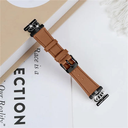 For LG Watch Sport Black Buckle Wrist Band Rhinestone Crown Design Cowhide Watch Strap
