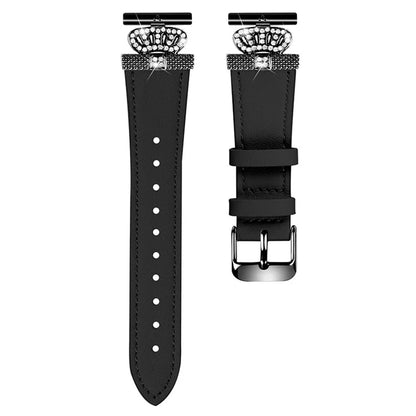 For LG Watch Sport Black Buckle Wrist Band Rhinestone Crown Design Cowhide Watch Strap