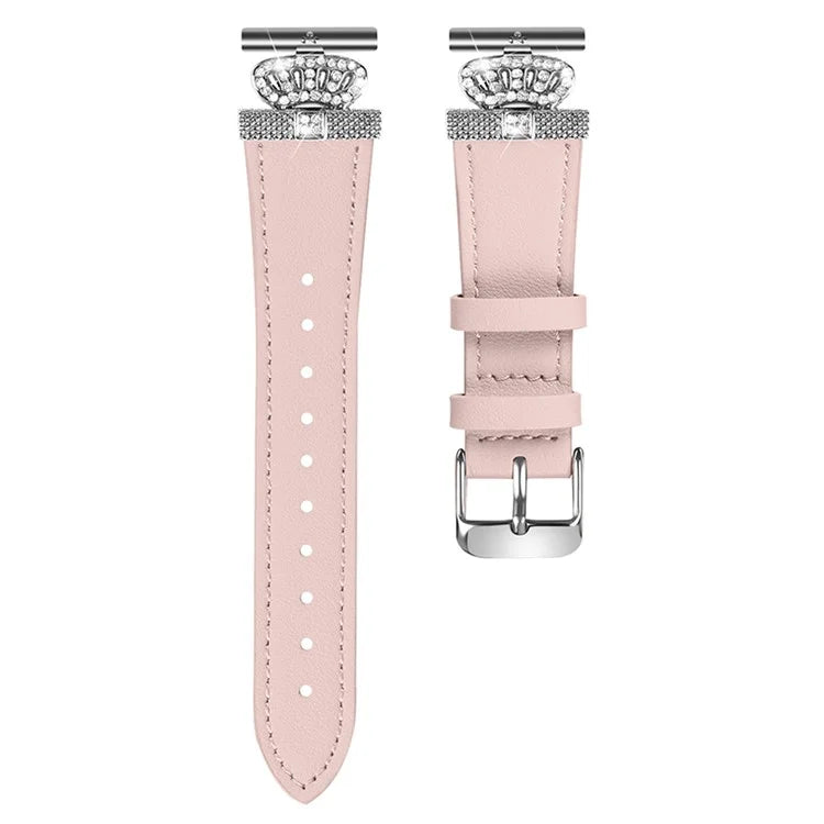 For LG Watch Sport Silver Buckle Watch Band Rhinestone Crown Design Cowhide Replace Strap