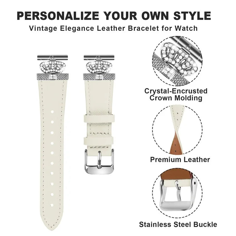 For Garmin Vivomove HR / Vivomove Watch Band Rhinestone Crown Design Cowhide Strap, Silver Buckle