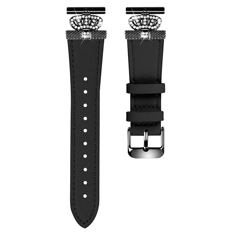 For Garmin Vivomove HR / Vivomove Cowhide Watch Band Crown Shape Connector Strap, Black Buckle