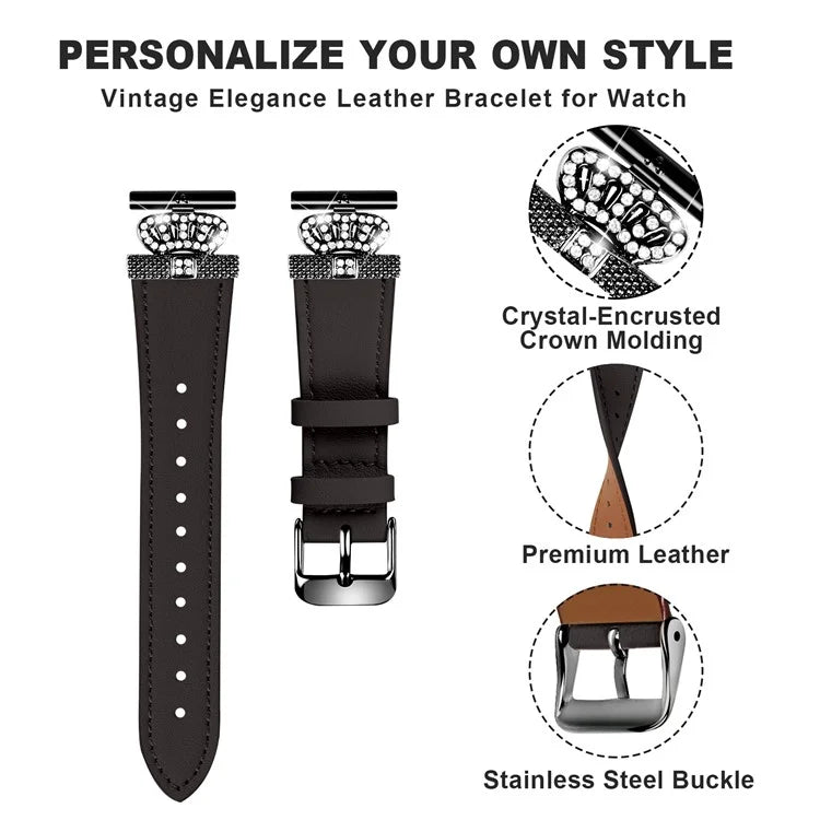 For Garmin Vivomove HR / Vivomove Cowhide Watch Band Crown Shape Connector Strap, Black Buckle