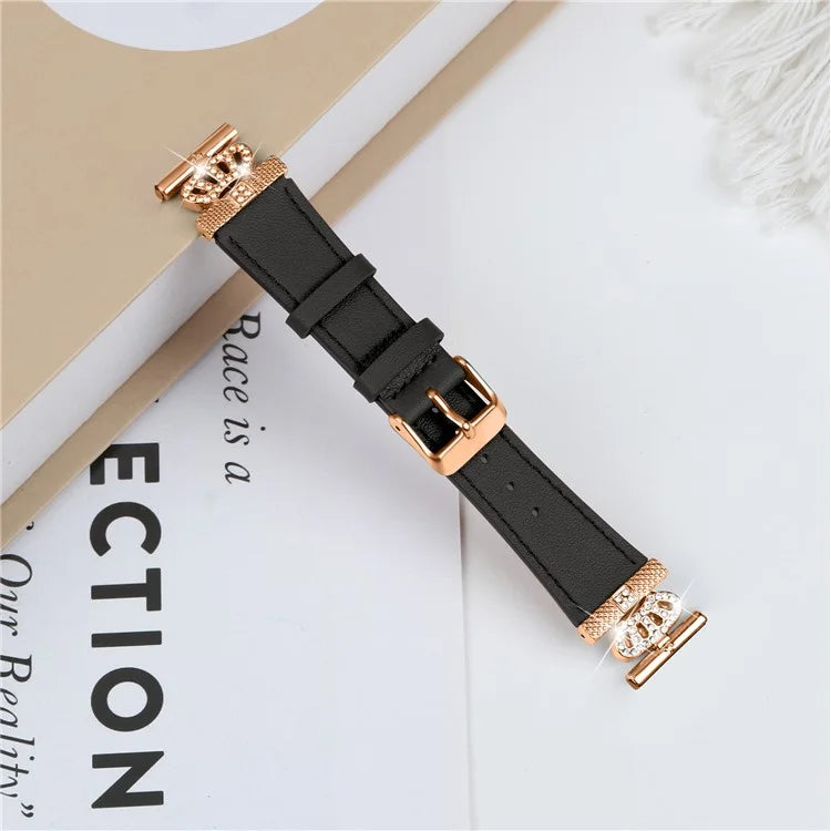 For Garmin Vivomove HR / Vivomove Watch Band Rhinestone Decor Cowhide Strap, Rose Gold Buckle