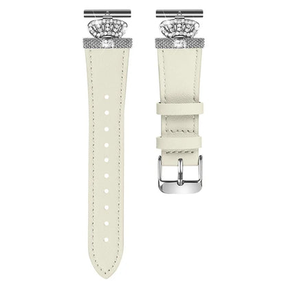 For TicWatch E  /  2  /  C2 (Black  /  Silver Dial) Watchband Genuine Cow Leather Silver Connector Strap, Rhinestone Crown Decor
