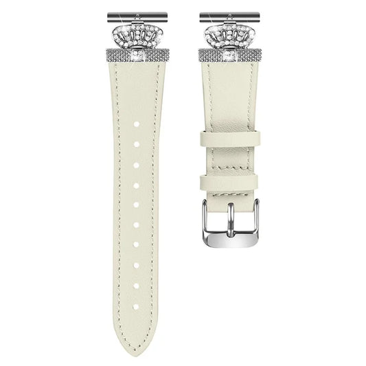 For TicWatch E  /  2  /  C2 (Black  /  Silver Dial) Watchband Genuine Cow Leather Silver Connector Strap, Rhinestone Crown Decor