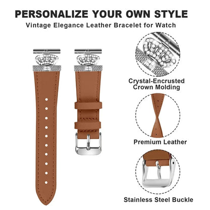 For TicWatch E  /  2  /  C2 (Black  /  Silver Dial) Watchband Genuine Cow Leather Silver Connector Strap, Rhinestone Crown Decor