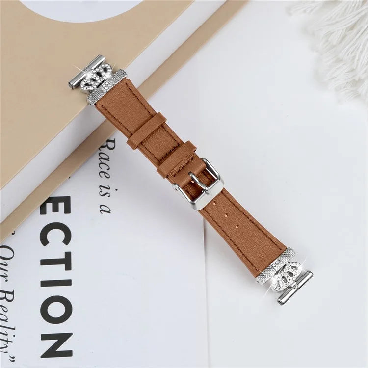 For Pebble Time Round / Pebble 2 Silver Buckle Cowhide Strap Rhinestone Decor Wrist Band