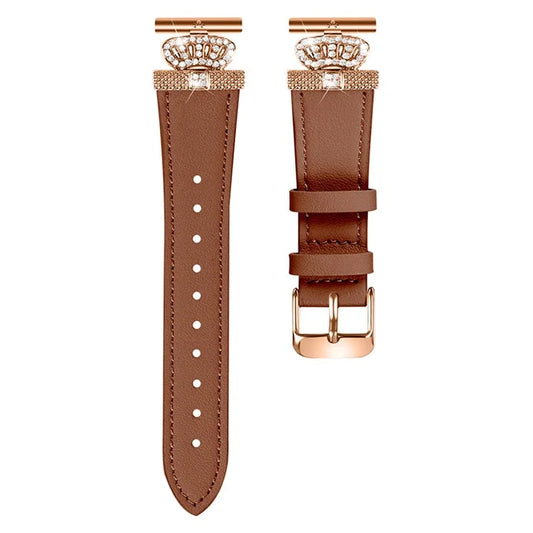 For Garmin Forerunner 245 / 245 Music Rose Gold Buckle Strap Rhinestone Crown Cowhide Band