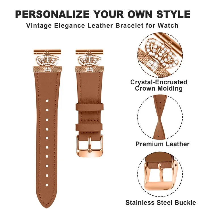 For Garmin Forerunner 245 / 245 Music Rose Gold Buckle Strap Rhinestone Crown Cowhide Band