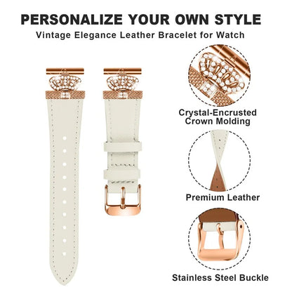 For Garmin Forerunner 245 / 245 Music Rose Gold Buckle Strap Rhinestone Crown Cowhide Band