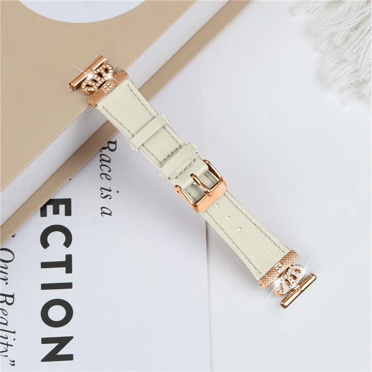 For Garmin Forerunner 245 / 245 Music Rose Gold Buckle Strap Rhinestone Crown Cowhide Band