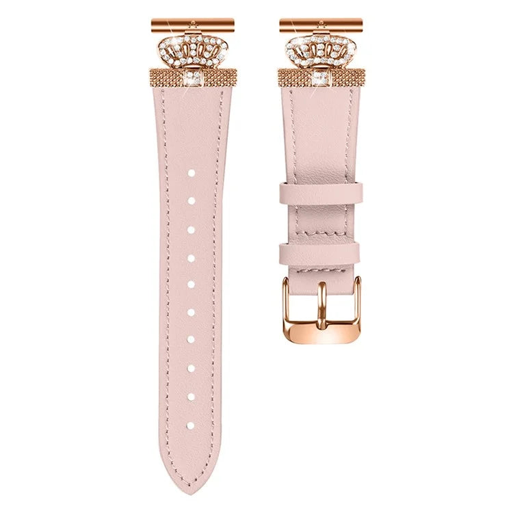 For GarminMove 3  /  Vivomove 3 Watchband Genuine Cow Leather Strap, Rose Gold Connector with Rhinestone Crown Decor